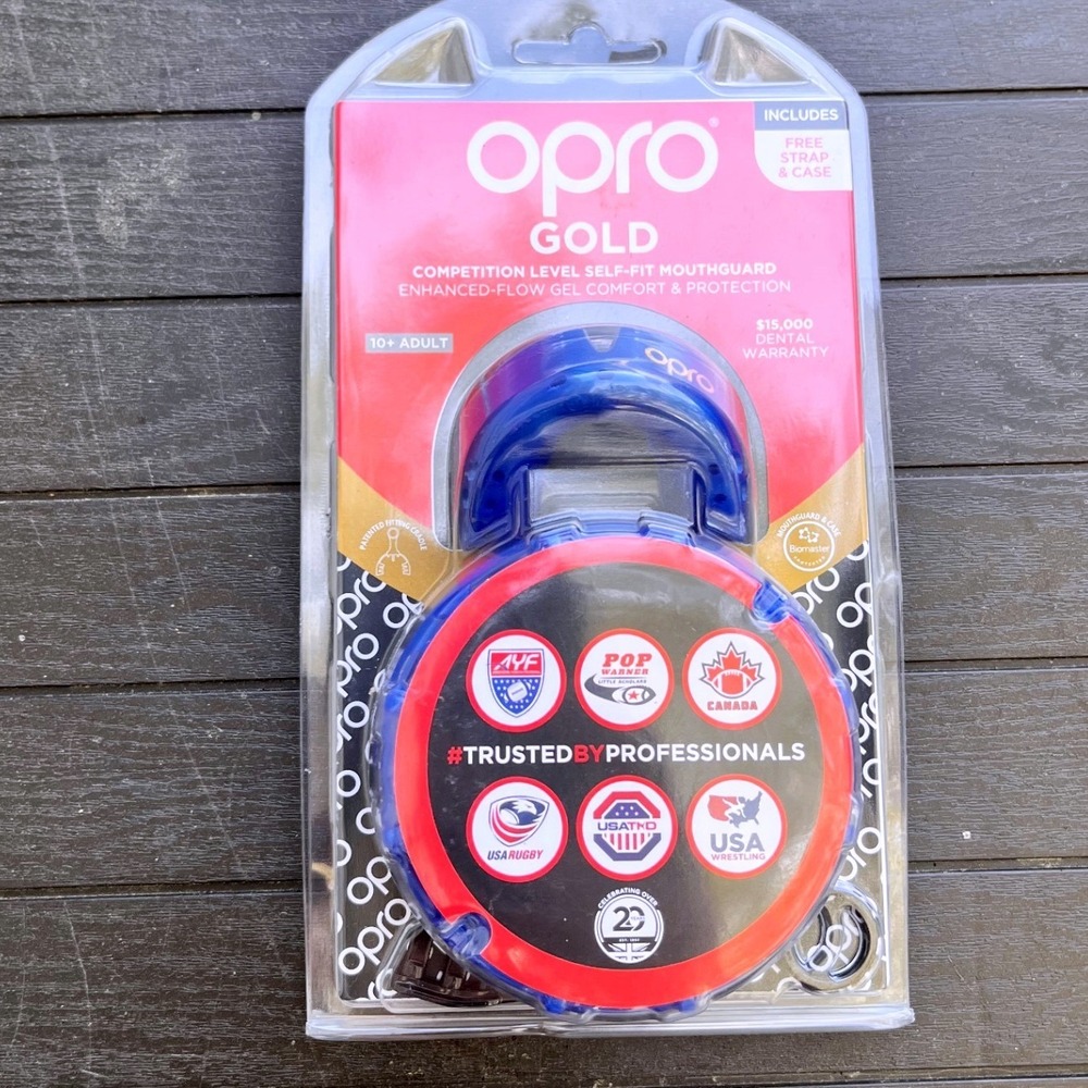 Opro‎ Gold Competition Level Self-Fit Mouthguard Adult 10+ Blue with Case Strap